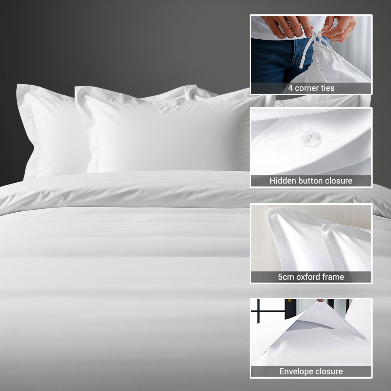 Pizuna Linens super king size cotton duvet cover with hidden button closure corner ties and Oxford pillowcases